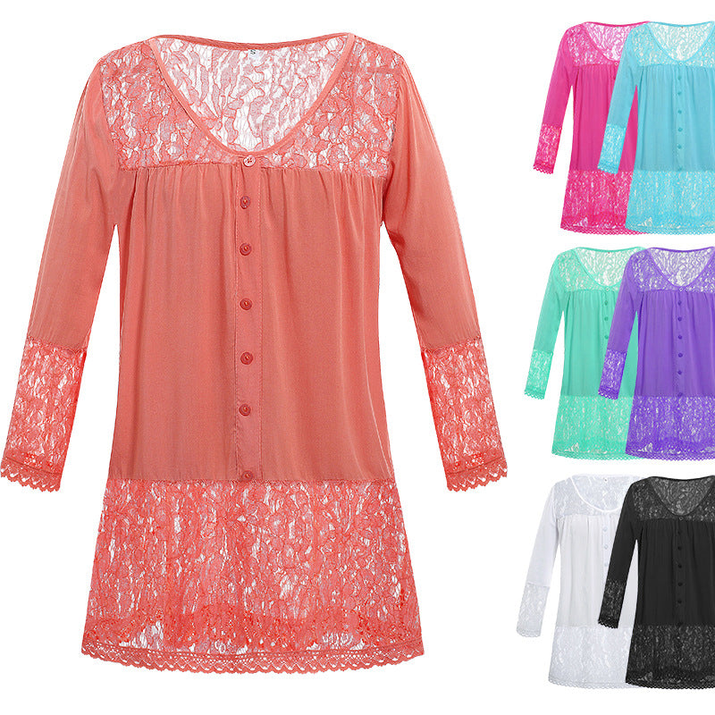 Women's Lace Nightdress with Button Placket, V-neck and Lace Trim Mune Fashion
