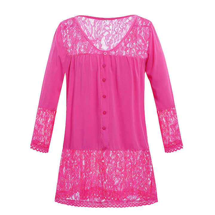 Women's Lace Nightdress with Button Placket, V-neck and Lace Trim Mune Fashion