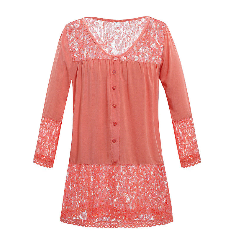Women's Lace Nightdress with Button Placket, V-neck and Lace Trim Mune Fashion