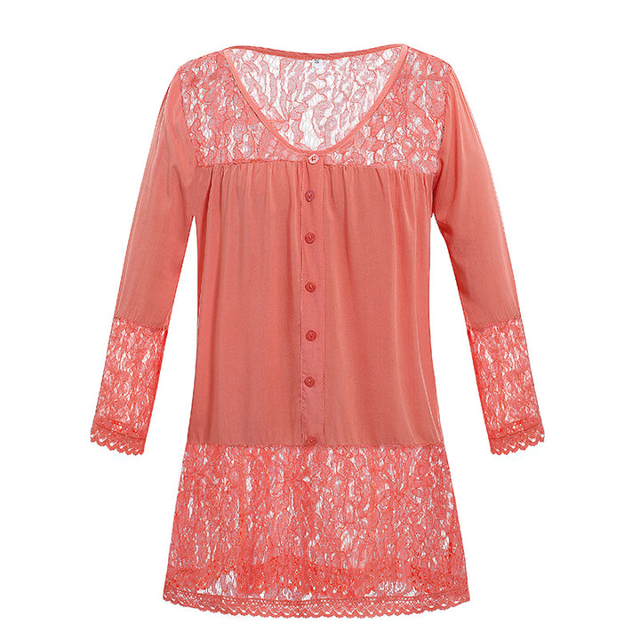Women's Lace Nightdress with Button Placket, V-neck and Lace Trim Mune Fashion