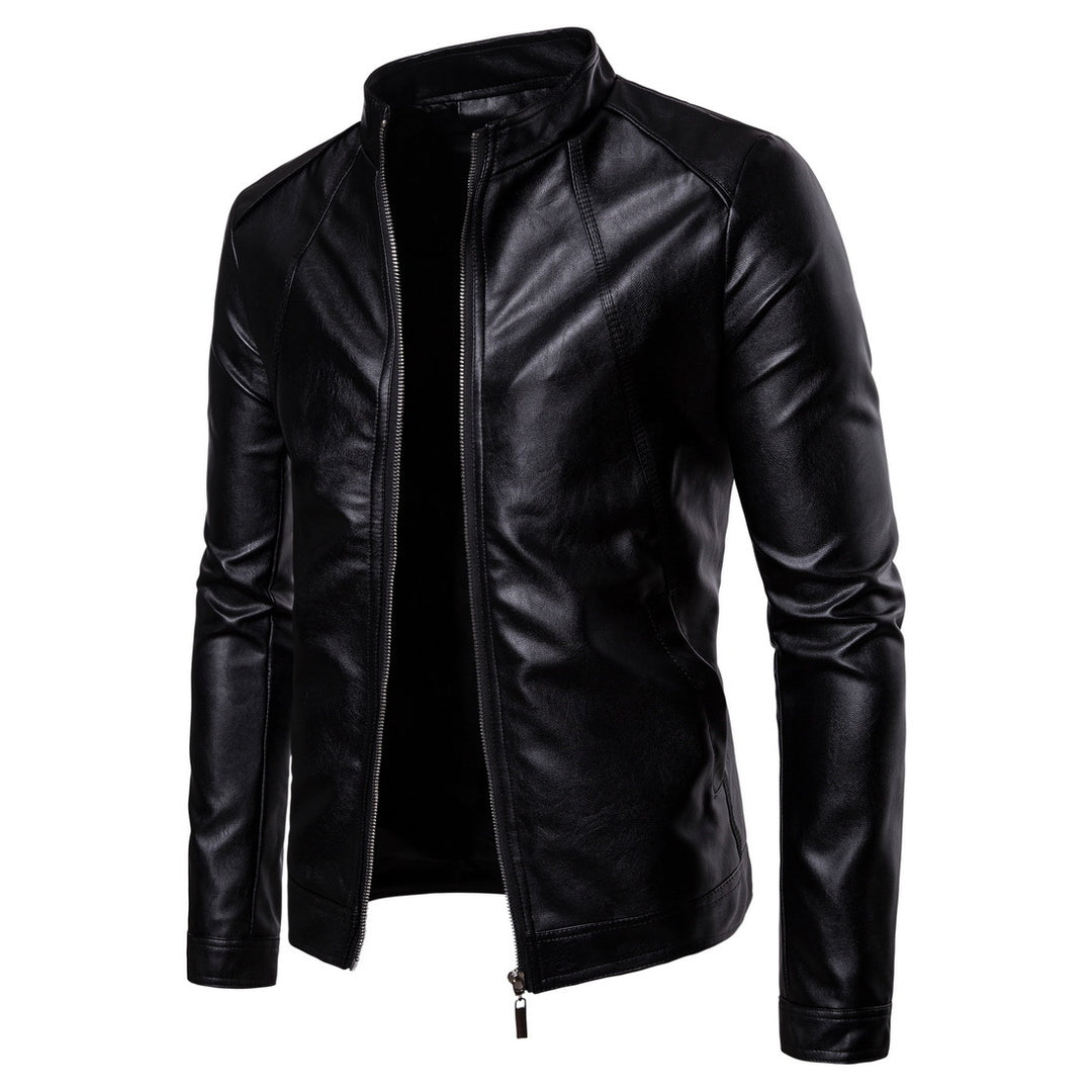 Men's Slim-Fit Leather Look Jacket with Stand Collar, Decorative Seams and Full Zip Mune Fashion