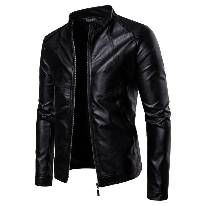 Men's Slim-Fit Leather Look Jacket with Stand Collar, Decorative Seams and Full Zip Mune Fashion