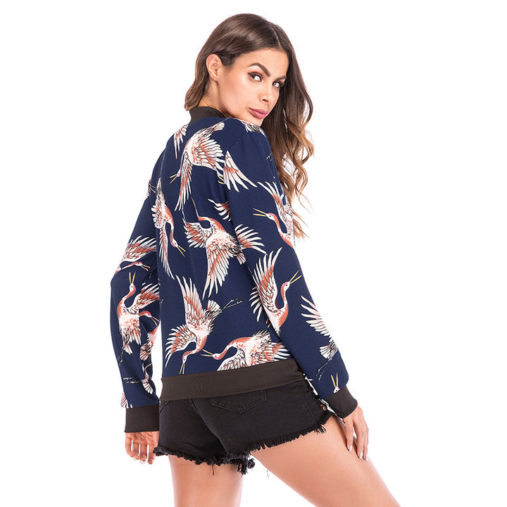 Women's Printed Bomber Jacket with Crane Motif, Zipper & Ribbed Cuffs Mune Fashion