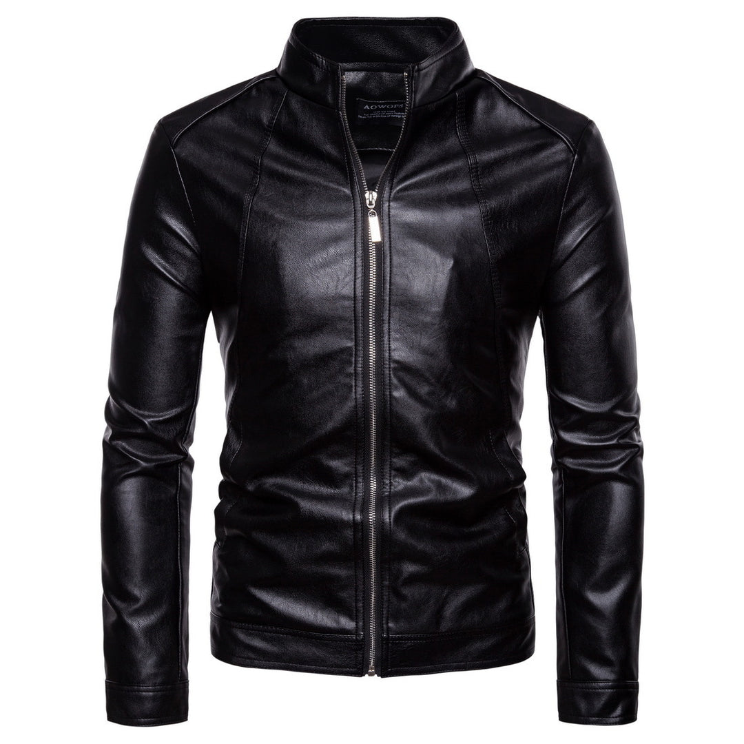 Men's Slim-Fit Leather Look Jacket with Stand Collar, Decorative Seams and Full Zip Mune Fashion