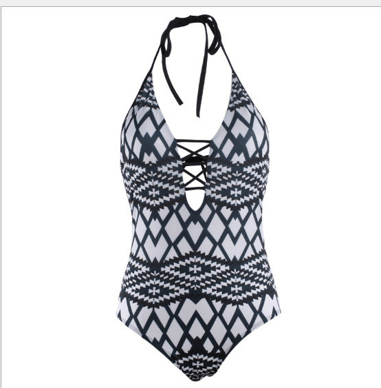 Women's one-piece swimsuit with deep V-neckline and sophisticated lacing details Mune Fashion