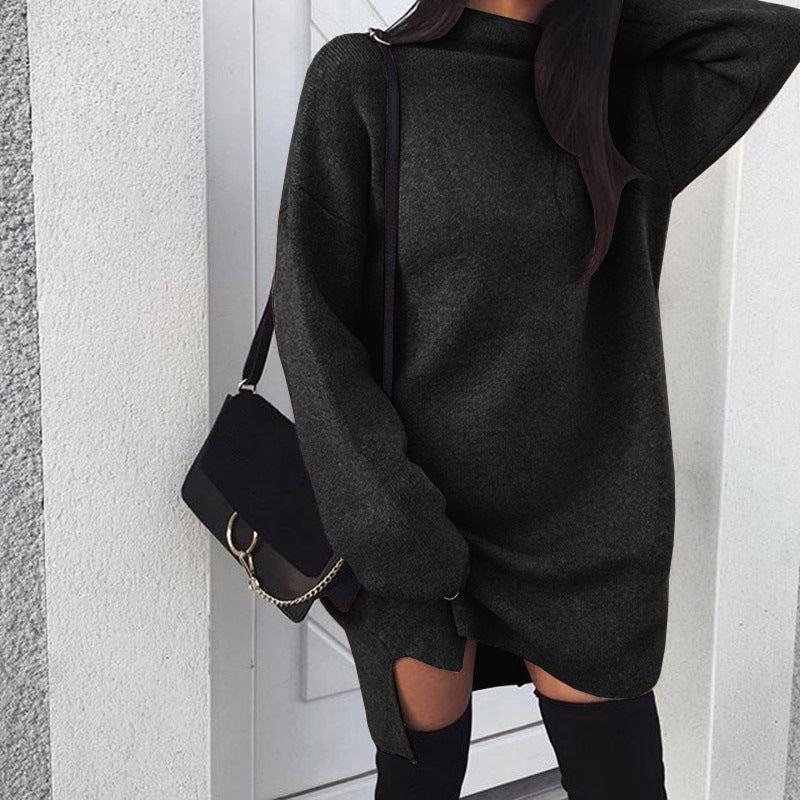 Women's oversized knitted dress with stand-up collar, dropped shoulders, and side thigh slit Mune Fashion