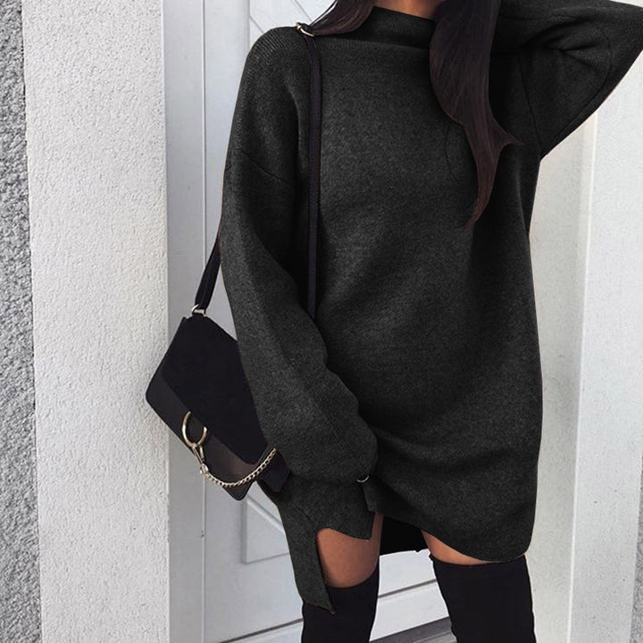 Women's oversized knitted dress with stand-up collar, dropped shoulders, and side thigh slit Mune Fashion