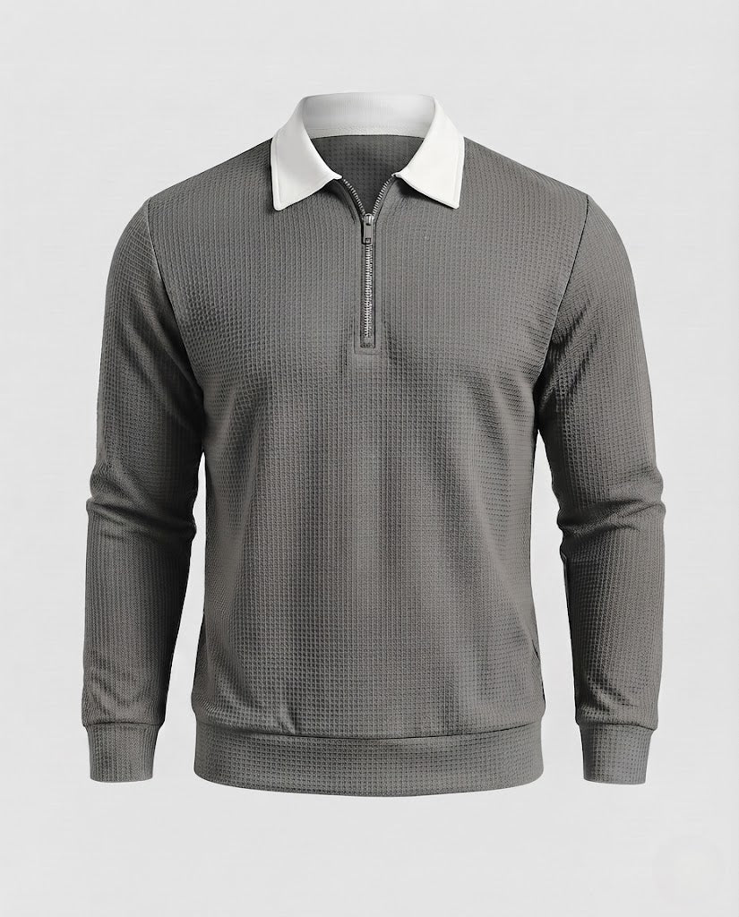 Men's Textured Long Sleeve Polo Shirt in Troyer Style with Contrast Collar and Short Zip Mune Fashion