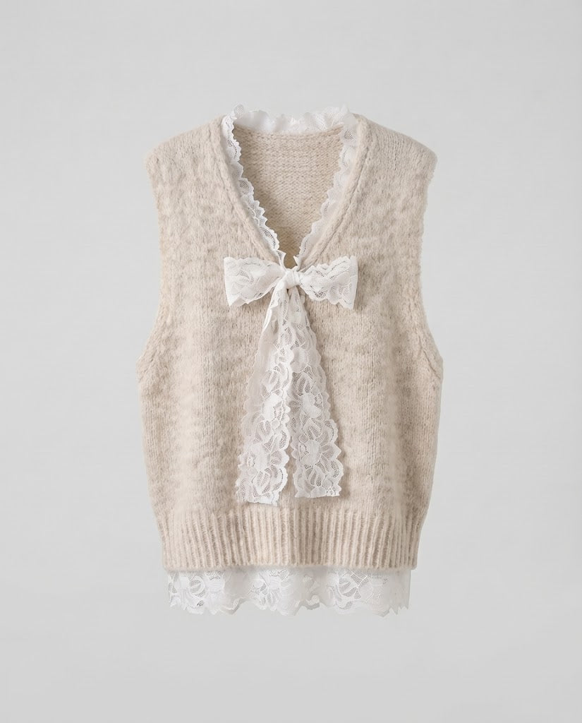 Women's Sleeveless Fleece Vest with Lace Insert and Decorative Bow Brooch Mune Fashion