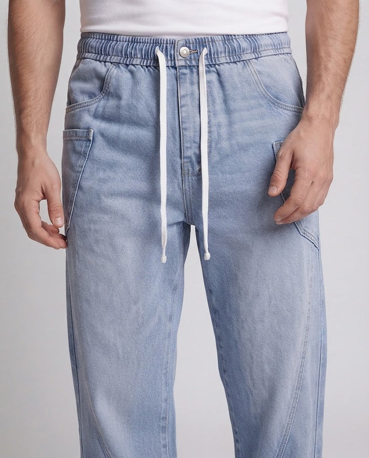 Men's Extra Wide Baggy Denim Pants with Drawstring Waistband and Curved Panels Mune Fashion