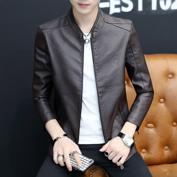 Men's Slim Faux Leather Pilot Jacket with Minimalist Stand Collar Mune Fashion