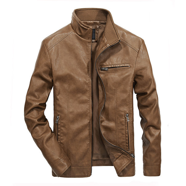 Men's Leather Look Moto Jacket with Stand Collar and Zipper Pockets Mune Fashion