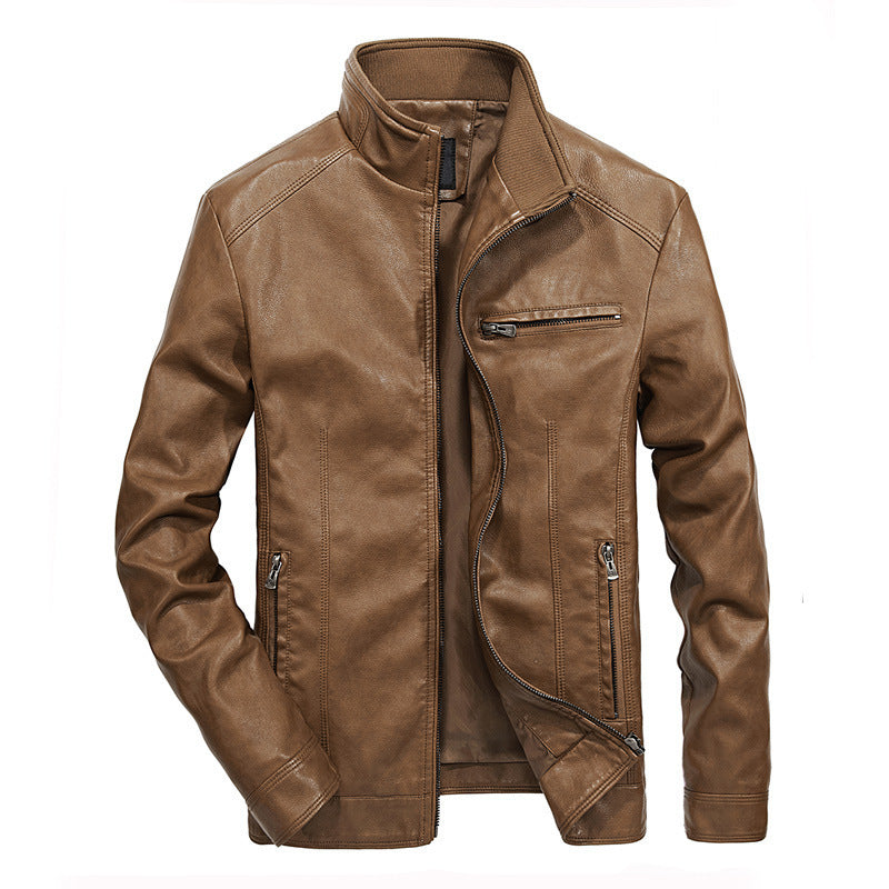 Men's Leather Look Moto Jacket with Stand Collar and Zipper Pockets Mune Fashion