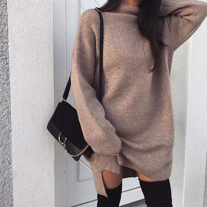 Women's oversized knitted dress with stand-up collar, dropped shoulders, and side thigh slit Mune Fashion