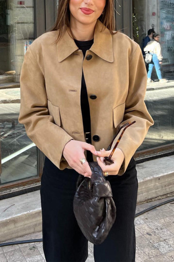 Mune | Button Closure Pocket Faux Suede Crop Jacket