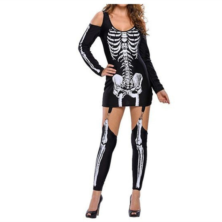 Women Skeleton Mini Dress with Off-Shoulder Cut-Out, Figure-Hugging Stretch Jersey, and Removable Garters Mune Fashion