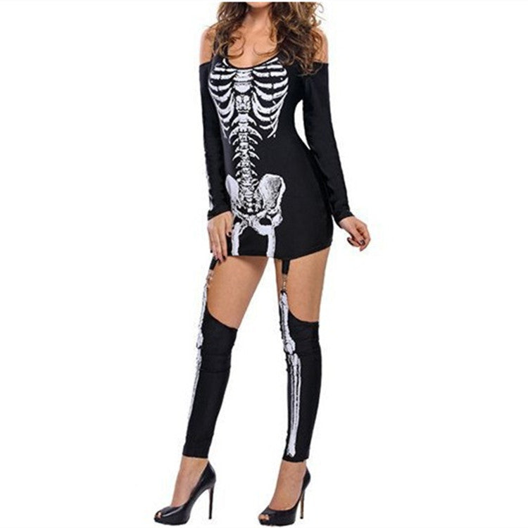 Women Skeleton Mini Dress with Off-Shoulder Cut-Out, Figure-Hugging Stretch Jersey, and Removable Garters Mune Fashion