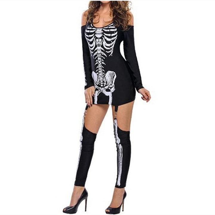 Women Skeleton Mini Dress with Off-Shoulder Cut-Out, Figure-Hugging Stretch Jersey, and Removable Garters Mune Fashion