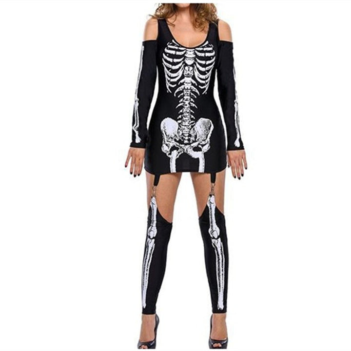 Women Skeleton Mini Dress with Off-Shoulder Cut-Out, Figure-Hugging Stretch Jersey, and Removable Garters Mune Fashion