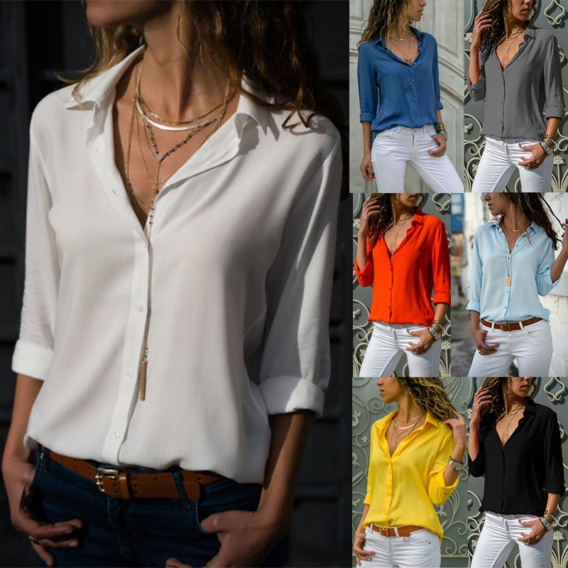 Women's casual viscose chiffon blouse with V-neck and cuffed sleeves Mune Fashion