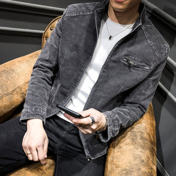 Men's washed cotton blouson jacket in vintage biker style with stand-up collar and chest zipper pocket Mune Fashion