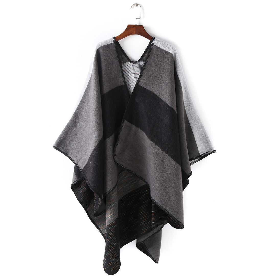 Women Cape-Ruana with two-layer woven structure and graphic block stripe Mune Fashion