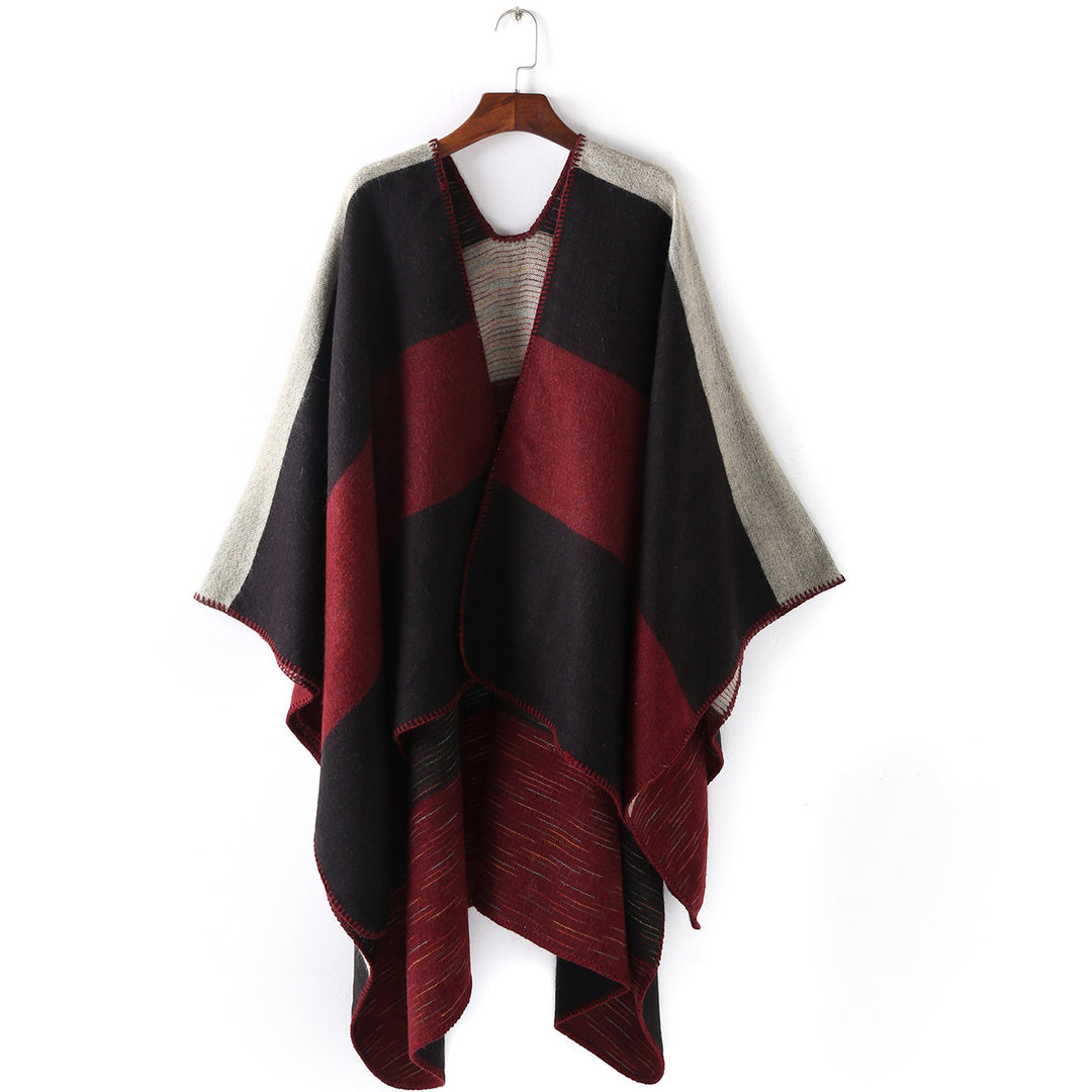 Women Cape-Ruana with two-layer woven structure and graphic block stripe Mune Fashion