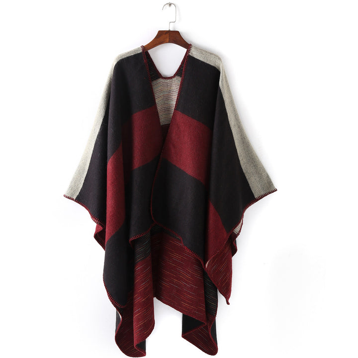 Women Cape-Ruana with two-layer woven structure and graphic block stripe Mune Fashion