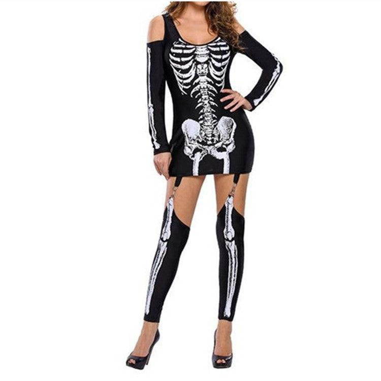 Women Skeleton Mini Dress with Off-Shoulder Cut-Out, Figure-Hugging Stretch Jersey, and Removable Garters Mune Fashion