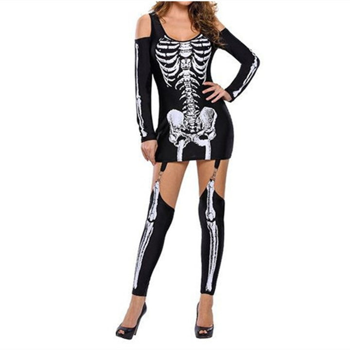 Women Skeleton Mini Dress with Off-Shoulder Cut-Out, Figure-Hugging Stretch Jersey, and Removable Garters Mune Fashion