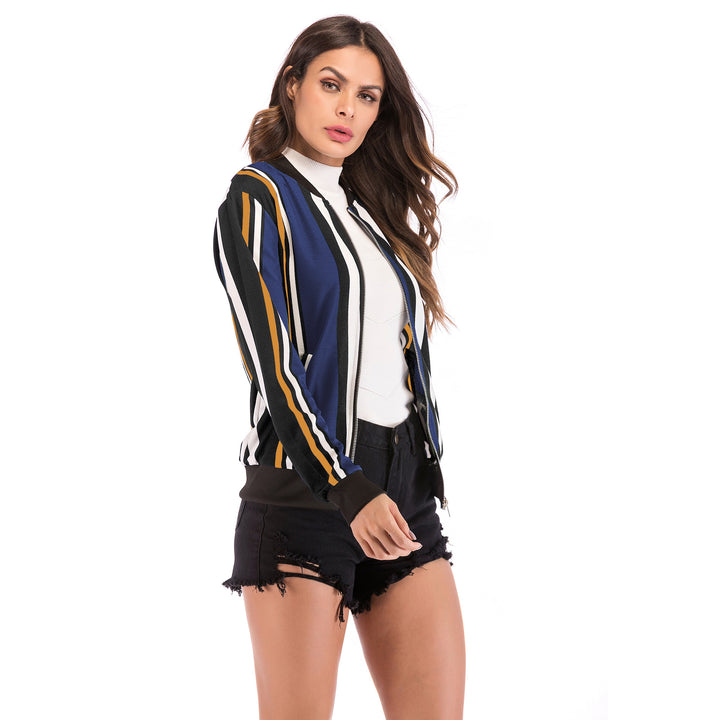 Women's Printed Bomber Jacket with Crane Motif, Zipper & Ribbed Cuffs Mune Fashion
