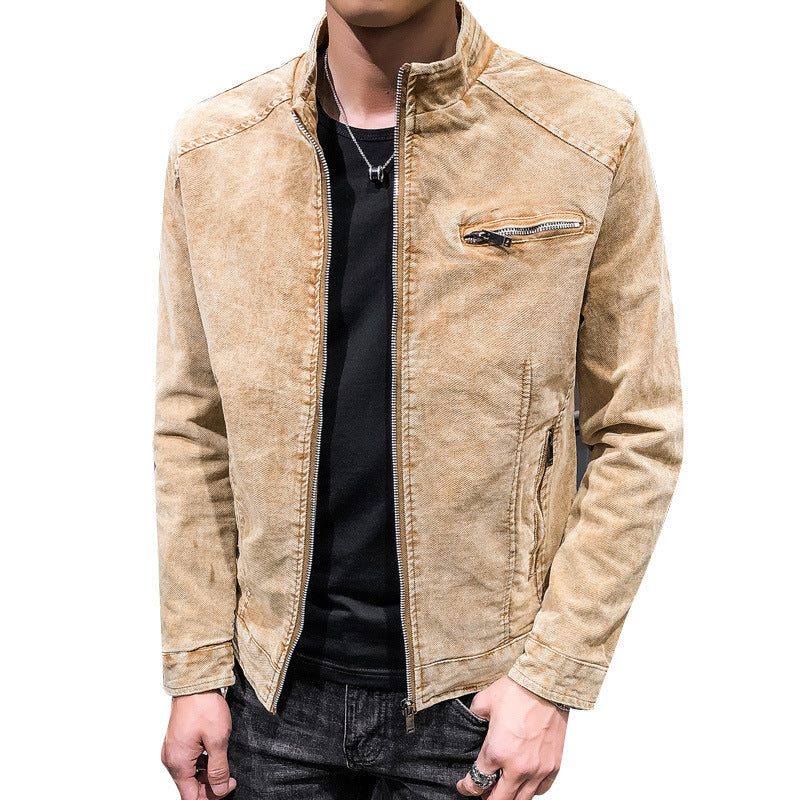 Men's washed cotton blouson jacket in vintage biker style with stand-up collar and chest zipper pocket Mune Fashion