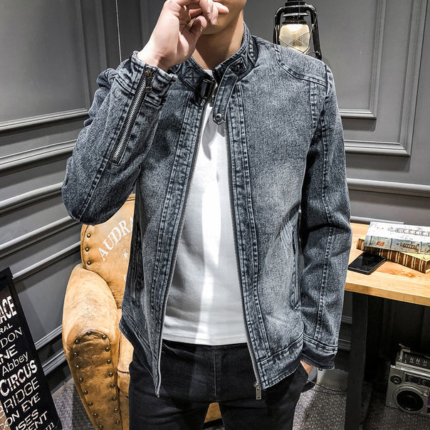 Men's Slim-Fit Denim Jacket with Stand Collar and Vintage Wash Mune Fashion
