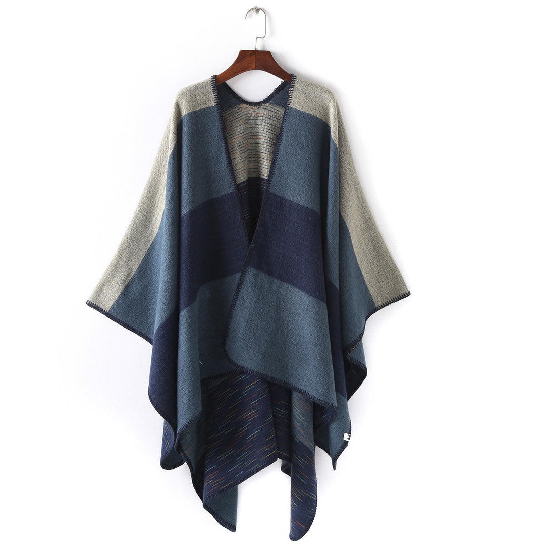 Women Cape-Ruana with two-layer woven structure and graphic block stripe Mune Fashion
