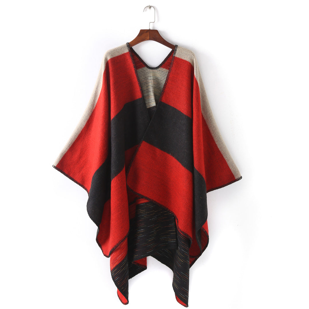 Women Cape-Ruana with two-layer woven structure and graphic block stripe Mune Fashion
