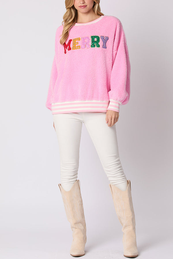 Mune | Christmas Letters Rhinestone Long Sleeve Round Neck Sweatshirt