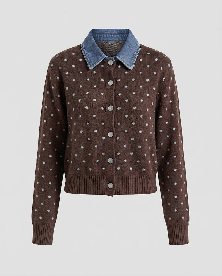 Women's Polka Dot Cardigan with Denim Collar and Button Placket Mune Fashion