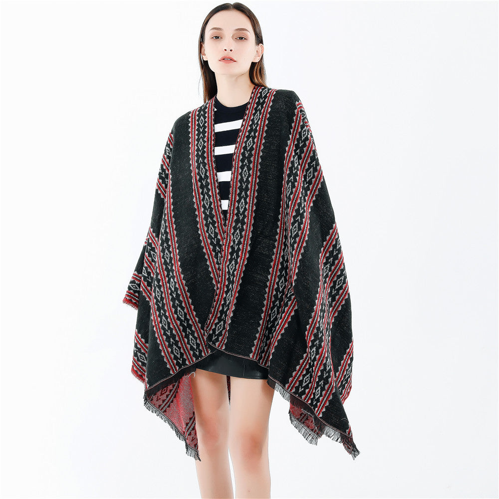 Women's Jacquard Ruana Poncho with Fringes and Open Oversized Fall Mune Fashion