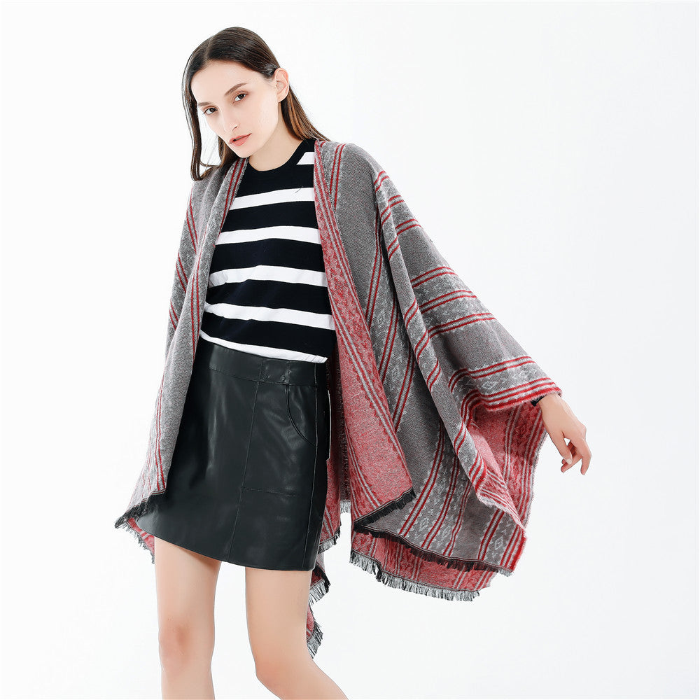 Women's Jacquard Ruana Poncho with Fringes and Open Oversized Fall Mune Fashion