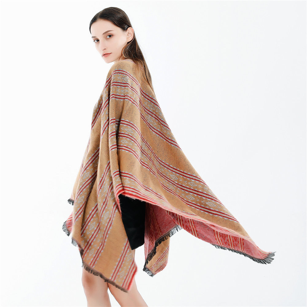 Women's Jacquard Ruana Poncho with Fringes and Open Oversized Fall Mune Fashion