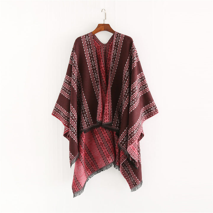 Women's Jacquard Ruana Poncho with Fringes and Open Oversized Fall Mune Fashion