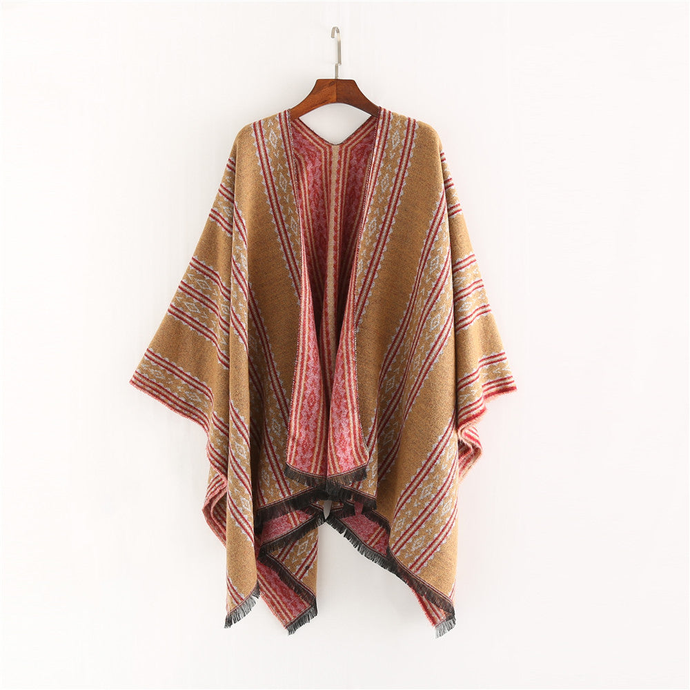 Women's Jacquard Ruana Poncho with Fringes and Open Oversized Fall Mune Fashion