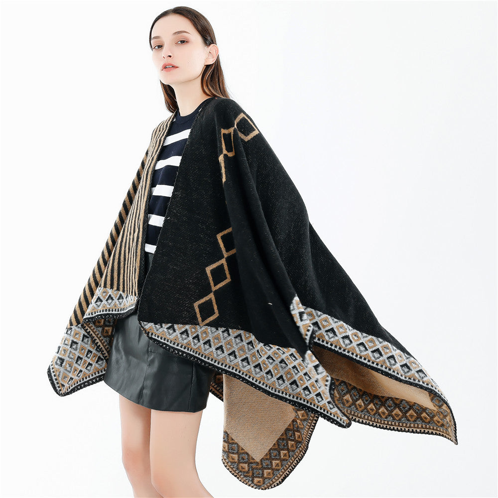 Women Woven Oversize Ruana with Ethno Border and Stripe Structure Mune Fashion