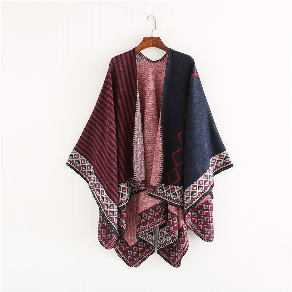 Women Woven Oversize Ruana with Ethno Border and Stripe Structure Mune Fashion