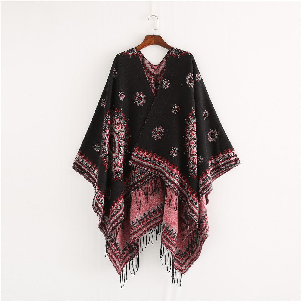 Women's Jacquard Poncho in Oversized Kimono Cut with Fringe