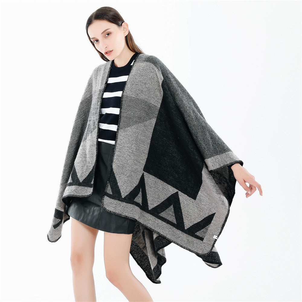 Women's Boxy Wool Blend Ruana with Geometric Patch Jacquard and Decorative Stitching