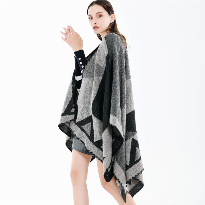 Women's Boxy Wool Blend Ruana with Geometric Patch Jacquard and Decorative Stitching