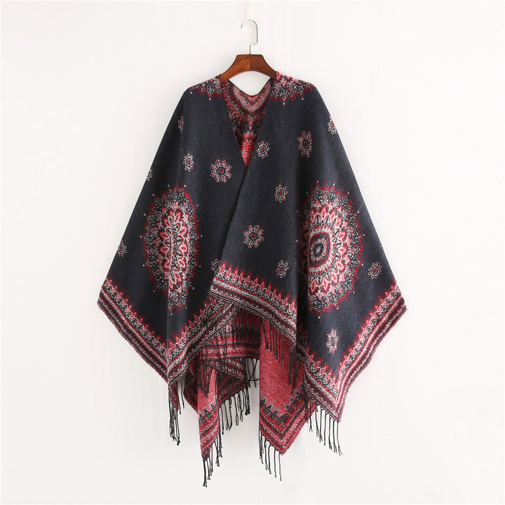 Women's Jacquard Poncho in Oversized Kimono Cut with Fringe
