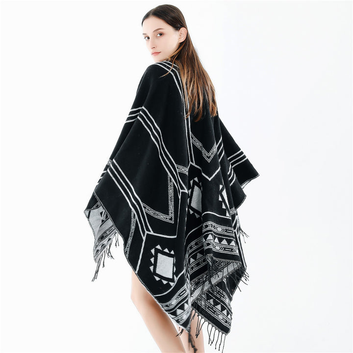 Women's Oversized Fringe Poncho in Aztec Pattern made of Wool Blend Mune Fashion