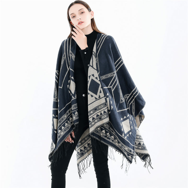 Women's Oversized Fringe Poncho in Aztec Pattern made of Wool Blend Mune Fashion